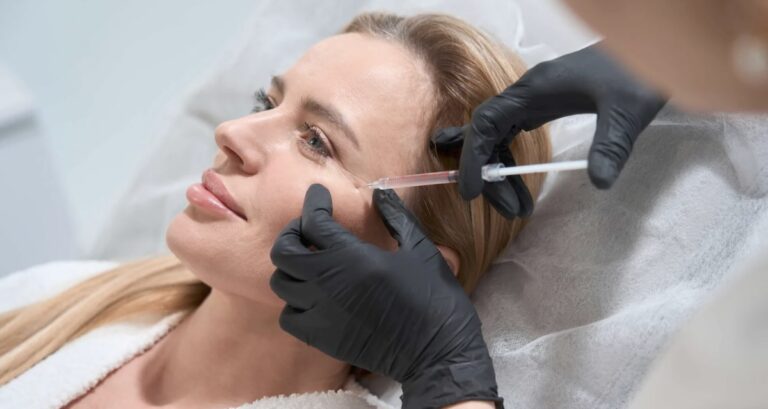 Inyectando bioestimulador de colágeno Sculptra a una mujer en barcelona