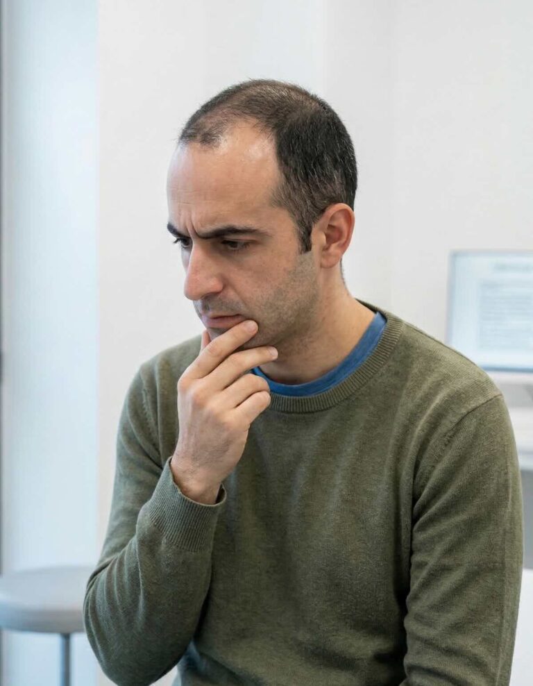 Hombre con entradas e indicios de alopecia androgenética reflexivo