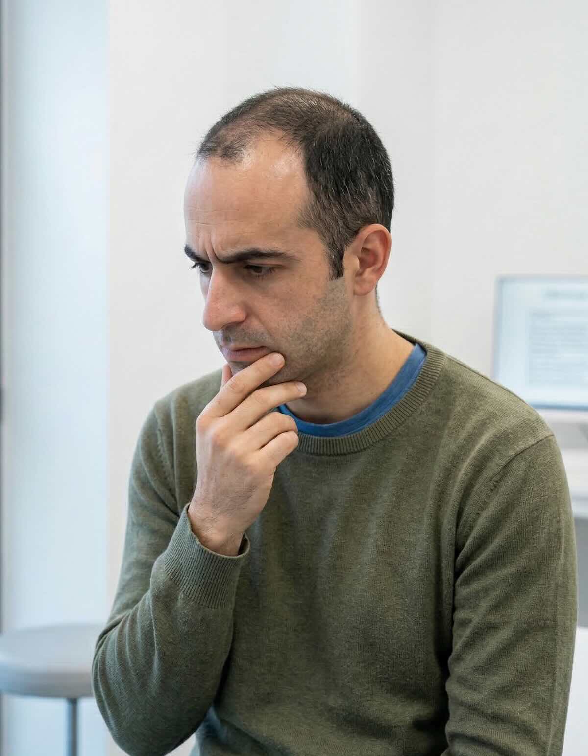 Hombre con entradas e indicios de alopecia androgenética reflexivo