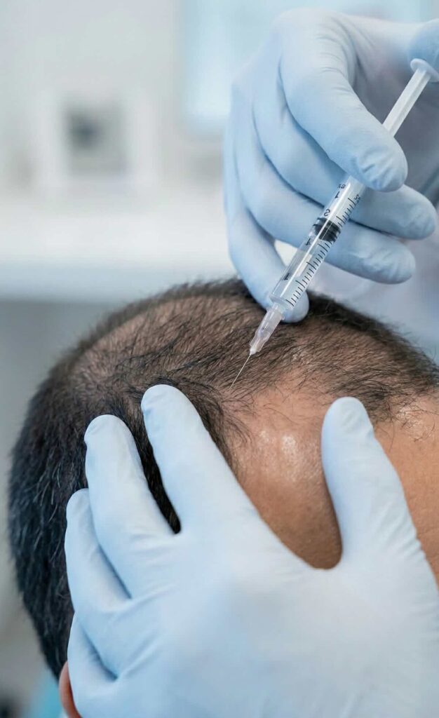 Aplicación de dutasterido en hombre en la clínica sobre cuero cabelludo