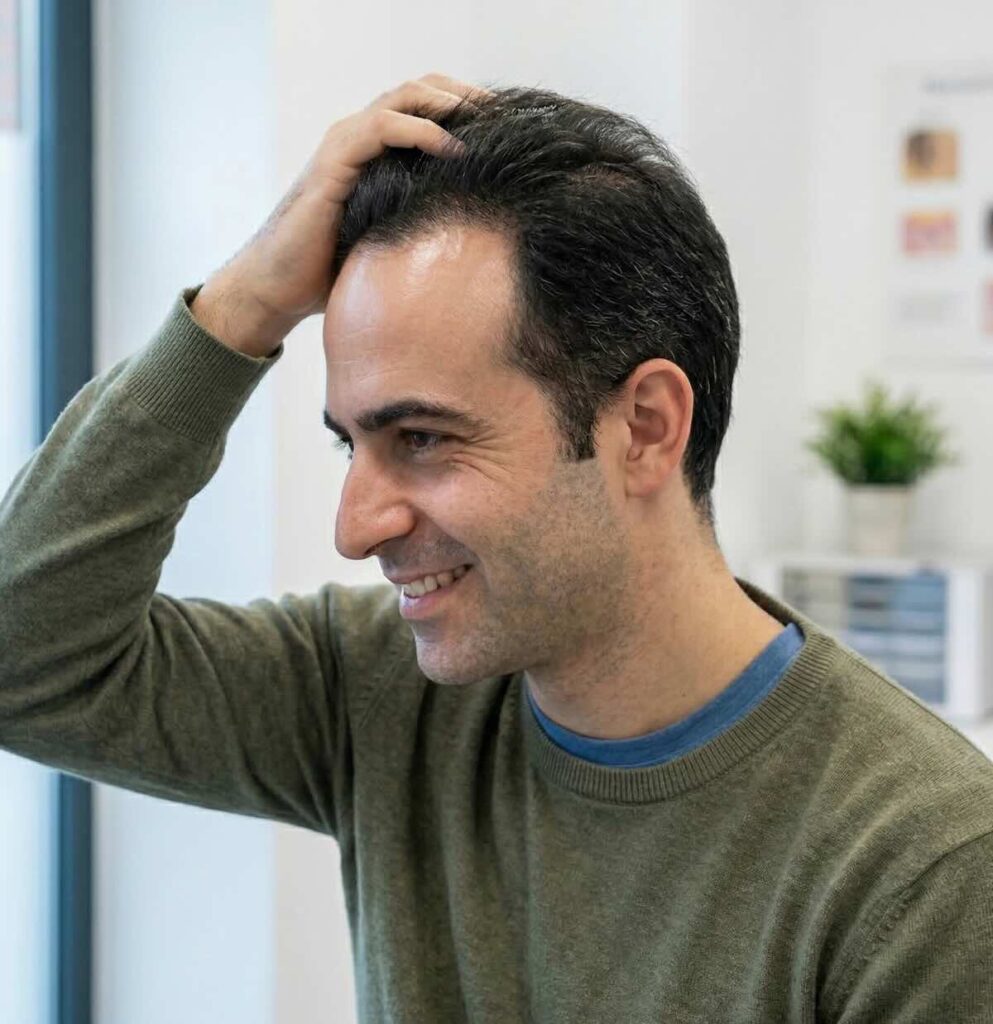 Hombre satisfecho tras los resultados del tratamiento con dutasteride recibido en la Clínica Dímas de Barcelona