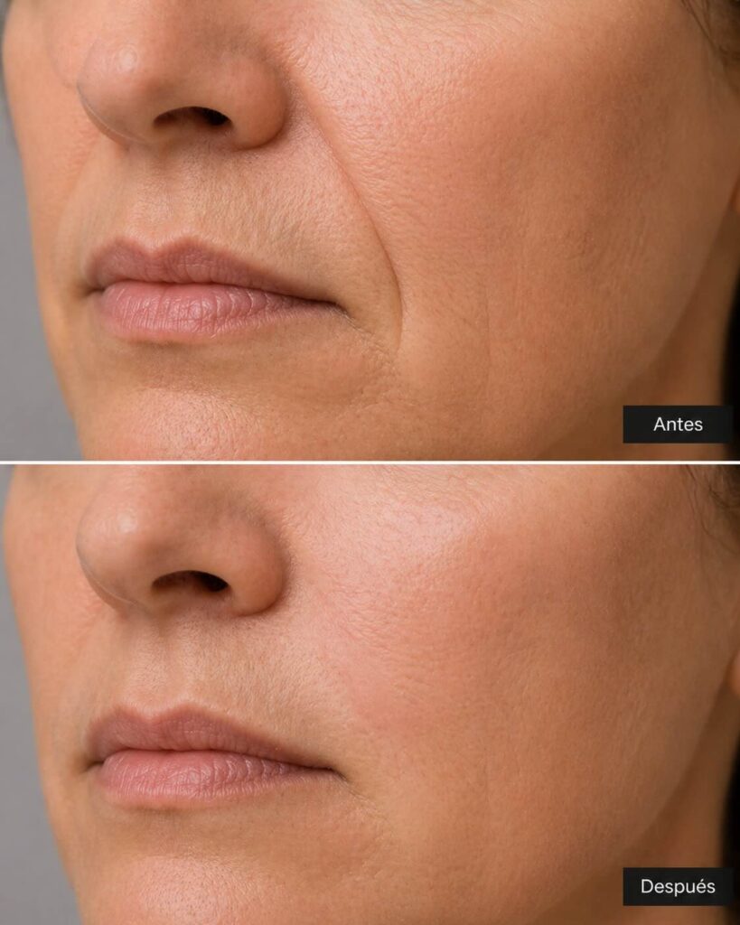 Antes y después del tratamiento en una mujer primer plano del rostro y surco nasogeniano