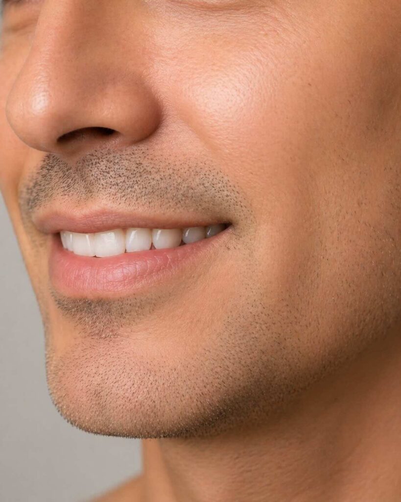 Sonrisa de hombre sin apenas notarse el surco nasogeniano tras tratamiento con ácido hialurónico