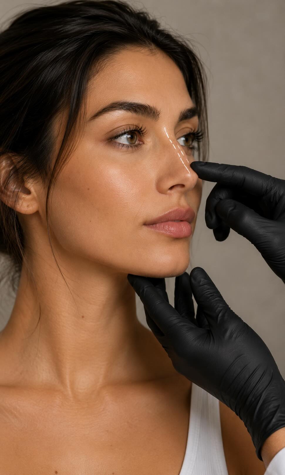 Médico planteando sobre rostro de mujer las mejoras que obtendrá con la rinomodelación