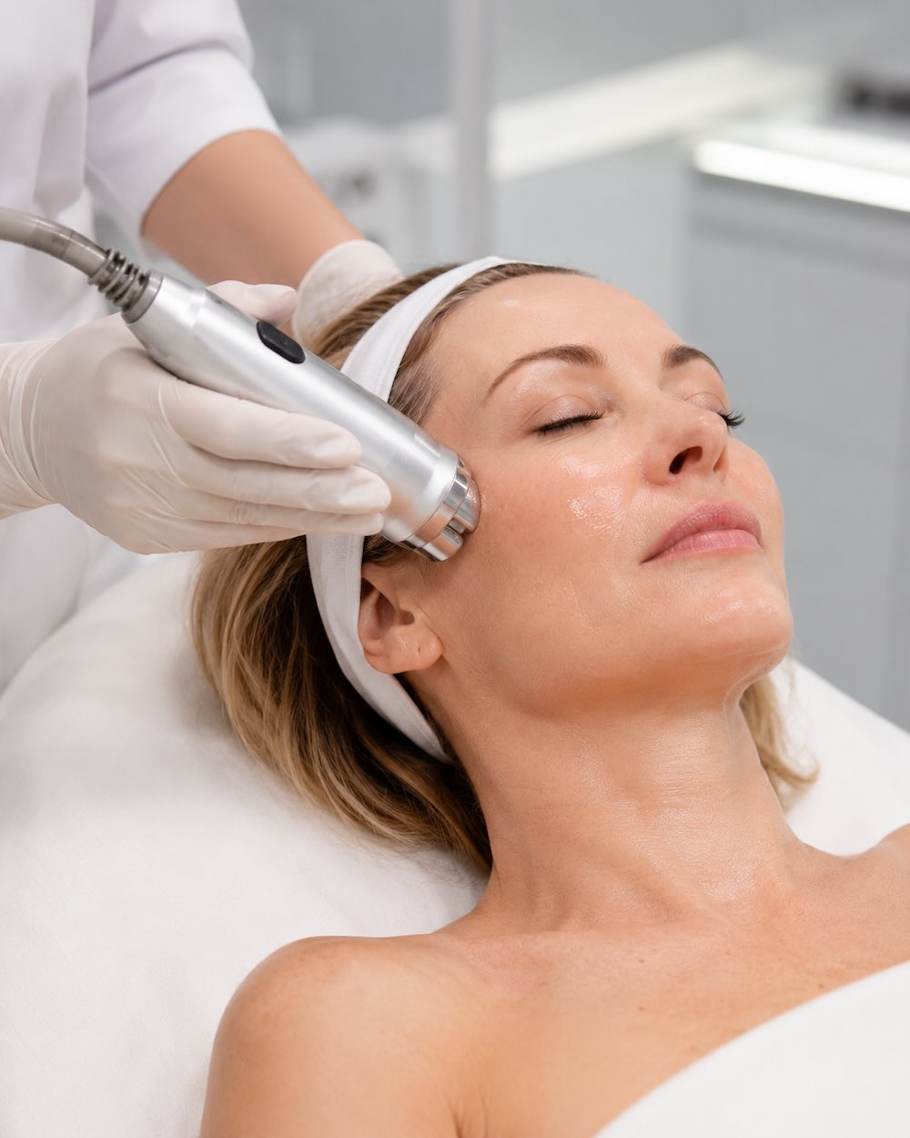 Aplicación de radiofrecuencia monopolar facial con técnica deslizante en Clínica Dímas Barcelona