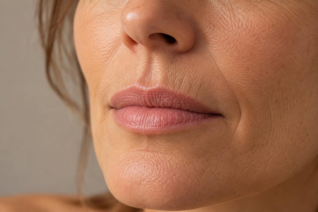 Primer plano del código de barras: arrugas verticales del labio superior